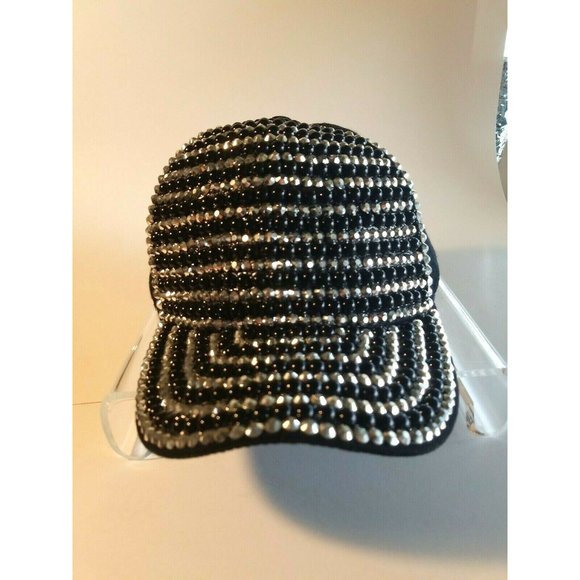 Embellished Jeweled Baseball Hat Cap Black/Silver stripes adjustable strapback - Picture 4 of 9
